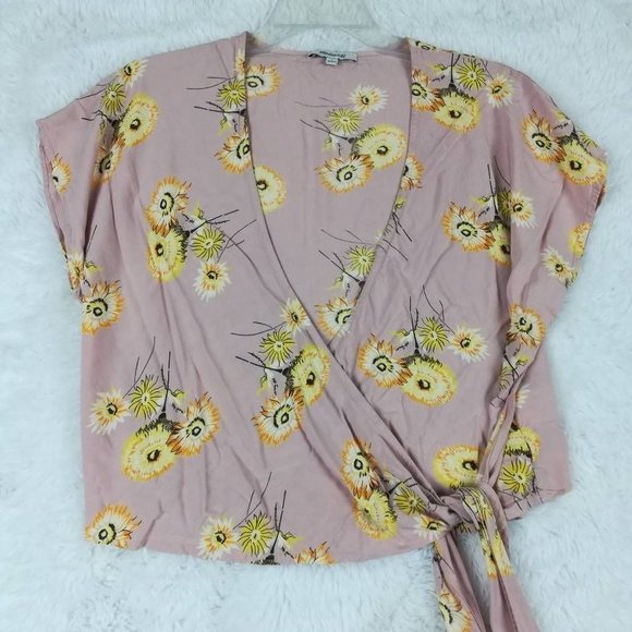 Madewell Womens Wrap Top Pink Floral Cap Sleeve Surplice Neck Side‎ Tie L - Picture 1 of 9